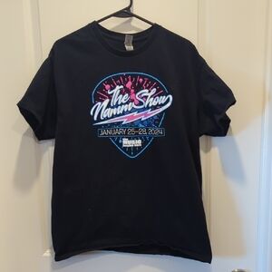 Gildan Black Graphic Tee with Blue and Pink Design